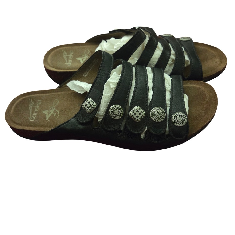 Dansko Black Leather Multi Strap Slide Sandals Silver Etched Buttons 40